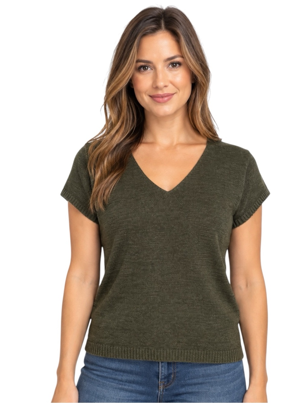 Jones New York Women’s Size Large Olive Green V Neck Short Sleeve Knit Tee